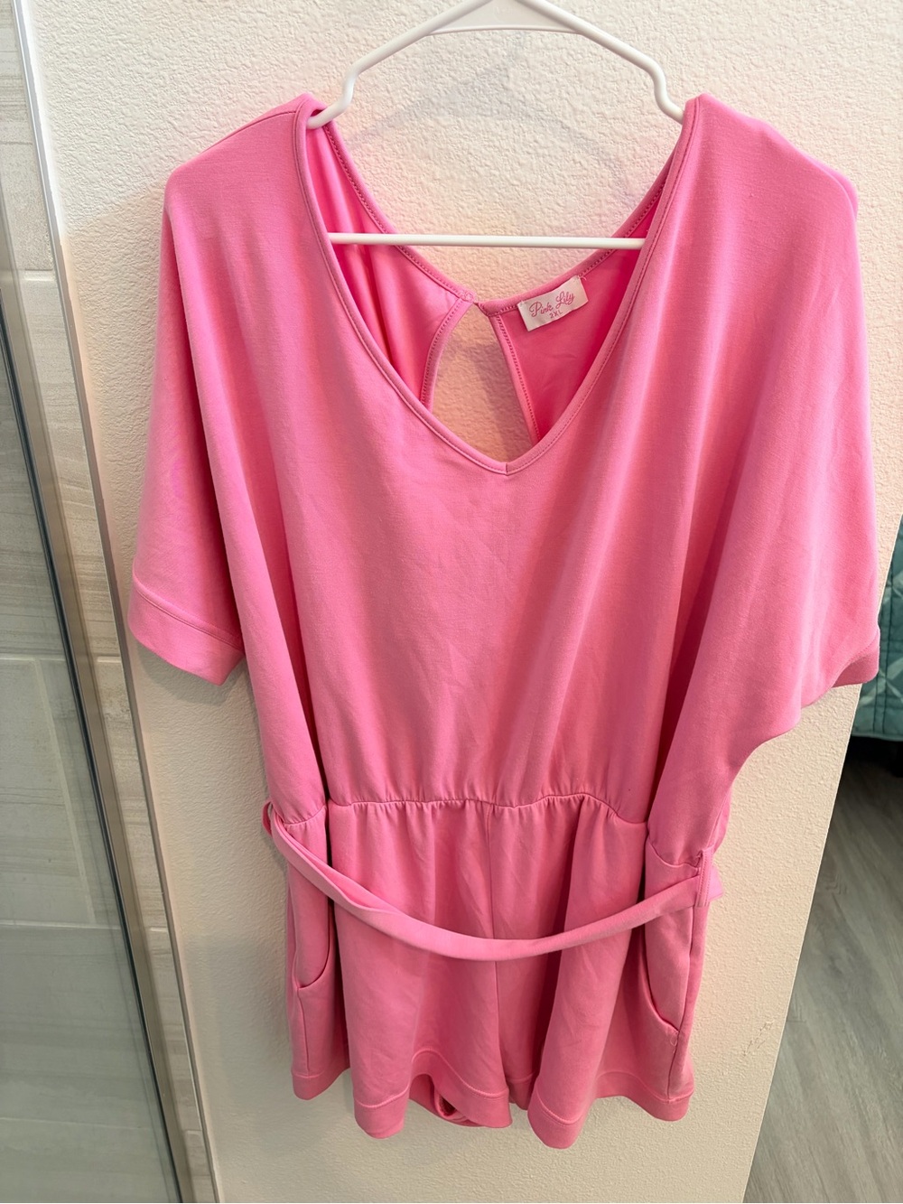 Pink Lily Bubblegum Pink V-Neck Romper with Belt
